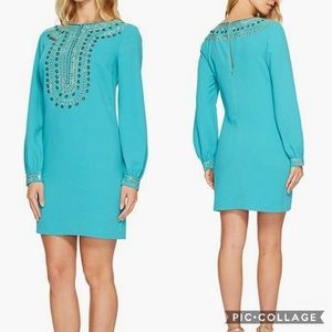 trina turk teal kapono beaded dress
